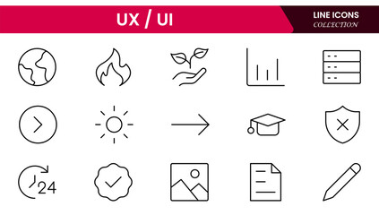 Vector illustration web line icon collection focused on UX/UI design, featuring wireframes, user flow, interface elements, cursor clicks, mobile layout, and usability symbols.