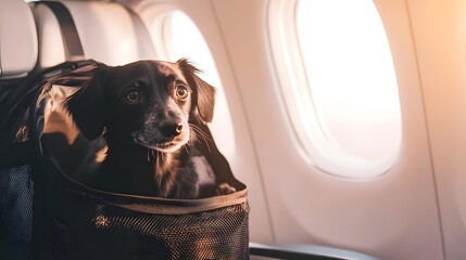 Dog in the aircraft cabin near the window during the flight concept of travelling and moving with pets small black dog sitting in the pet carrier bag travel or relocation with dog by airplane