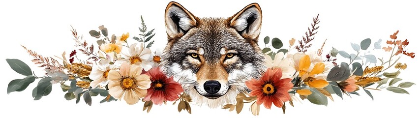 Obraz premium Wolf Portrait Floral Border