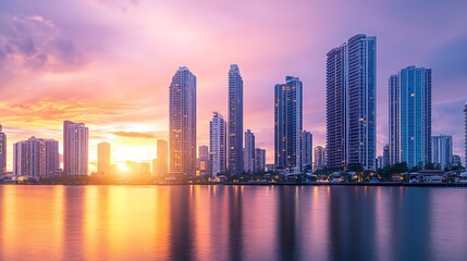 Fototapeta premium Still river reflects warm golden sunset and tall buildings high resolution picture