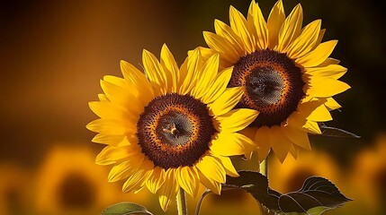 Obraz premium Two bright yellow sunflowers face the sun, leaves below, with a blurry field background