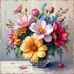 a beautiful still life painting of flowers, featuring a variety of colors and tones in the color palette, painted on textured paper