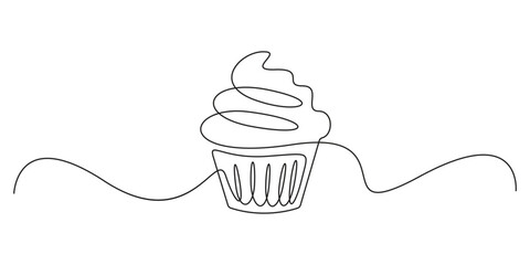 Cupcake with cherry drawn in one continuous line in color. Single line drawing, minimalism. Doodle graphic art vector illustration