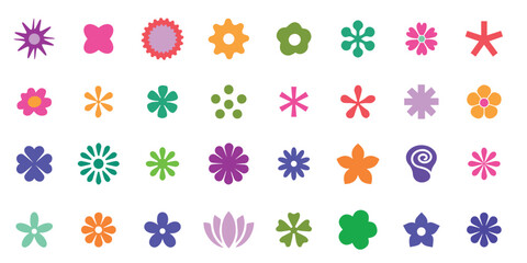 Colorful Retro Flower Power Vector Icon Set. Vintage Floral Design Elements in Various Shapes and Colors. Vector Illustration