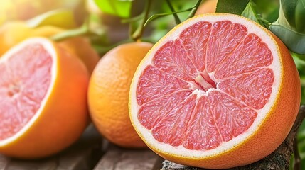 Juicy Pink Grapefruit Halved on Tree Branch