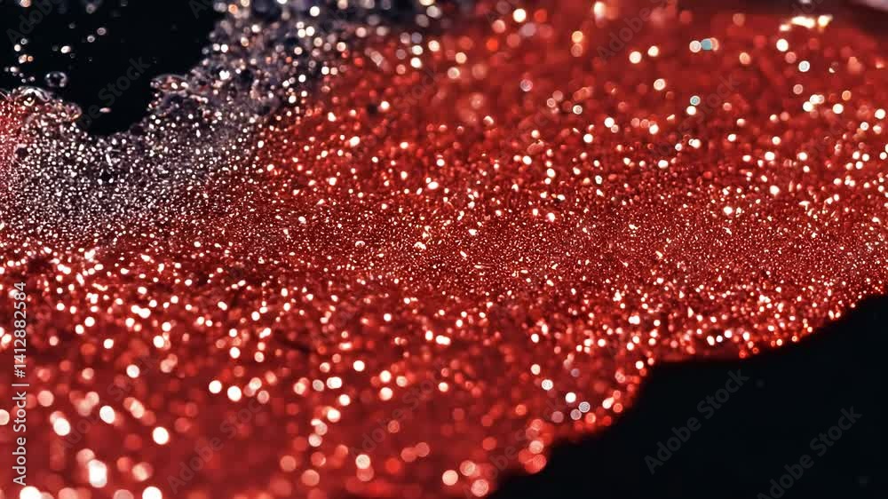 Poster Dynamic drops of red and white glitter in black oil or ink diffusing through liquid, creating an abstract aquatic swirls