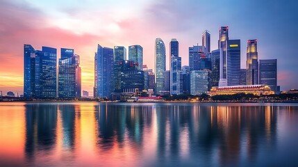 Obraz premium Sunset skyline blends warm lights and still water reflections high resolution picture