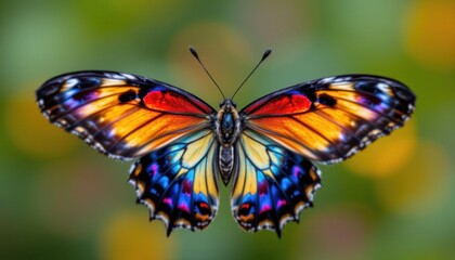 Obraz premium a close up of a colorful single butterfly, delicate wings, facing the camera, full view visible, centered composition, shallow depth of field, bokeh background, high detail, soft lighting