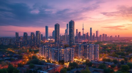 Fototapeta premium Lights shimmer across city skyline during evening river reflections high resolution picture
