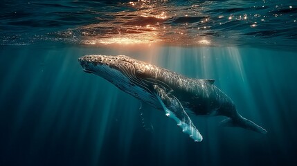 Naklejka premium Majestic Humpback Whale Swimming Gracefully Underwater Rays