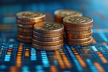 Stacked coins on a digital financial background displaying market trends and analysis at close range
