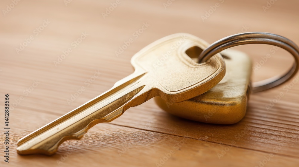 Poster key resting on wooden table surface symbolizing access solutions and security concept for visual int