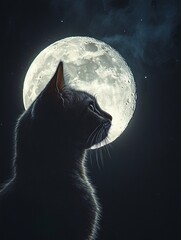 Black Cat Gazing at a Full Moon: A Mystical and Captivating Night Scene