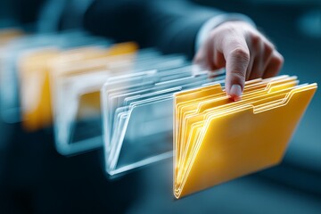 A person sorting through colorful file folders in a dynamic office setting.