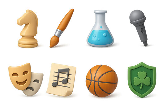 3d hobby and interest icons set: chess, art, science, music, sports, theater, and more