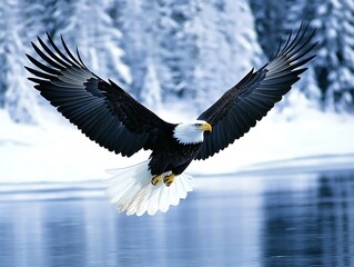 Fototapeta premium Bald Eagle Soaring Over Frozen River