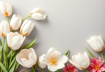 Obraz premium Abstract white tulips, gold accents, gray background Elegant floral design, abstract, premium
