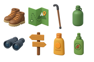 3D icon set of hiking trip: hiking boots, trail map, walking stick, water flask, binoculars, trail sign, sunscreen, bug spray. 3d icon. Isolated