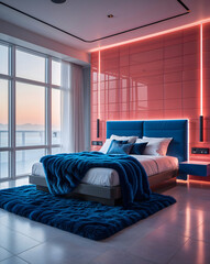 Luxury hotel bedroom with bed furniture and soft lighting in a cozy interior design setting