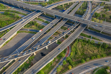 Aerial view of transport junction road with car movement, Transport industry concept.