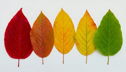 a progression of autumn leaves displays a vibrant spectrum of color from deep red to lush green.