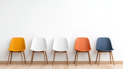 Obraz premium Five modern colorful plastic chairs with wooden legs sit in a row against a minimalist white wall in a simple waiting area.