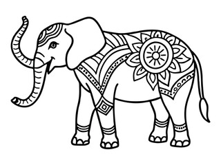 Adult Elephant With Trunk Down, Side View, Mandala Style, Coloring Page for Adults and Kids,