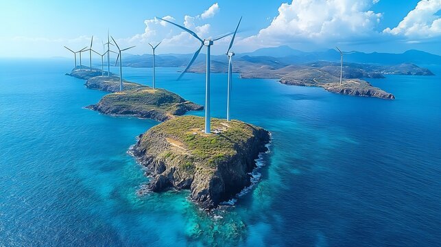Wind Turbines Island Ocean Clean Energy Aerial.
