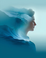 Serene ocean waves blending with human silhouette in conceptual illustration symbolizing Blue Mind wellness therapeutic calm and emotional balance
