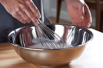 a person whisking a batter on a stainless-steel bowl 
