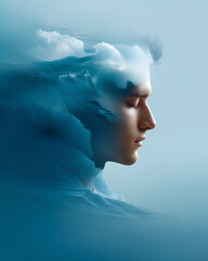 Serene ocean waves blending with human silhouette in conceptual illustration symbolizing Blue Mind wellness therapeutic calm and emotional balance
