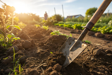 Shovel embedded in fresh soil under bright sunlight, gardening work