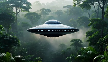 Obraz premium a sleek, metallic ufo hovers amidst the dense, misty canopy of a lush tropical rainforest, casting an ethereal glow upon the vibrant green foliage.