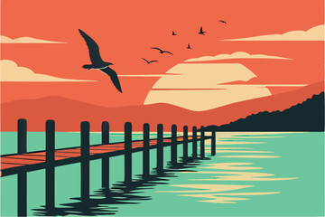 28 Sunset over calm ocean, silhouette of flying seagull, flock of birds in distance, wooden pier posts, vibrant orange and red sky, turquoise water, reflective water surface, peaceful coastal scene, m