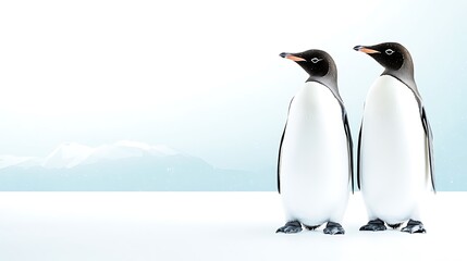 Naklejka premium Two penguins stand together on a snowy landscape, staring off into the distance