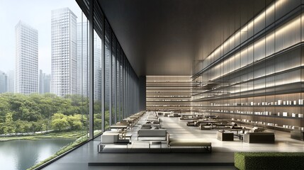 Obraz premium Modern, spacious lobby with panoramic city views. Floor-to-ceiling windows showcasing a serene park and lake, illuminated display shelves, comfortable seating areas