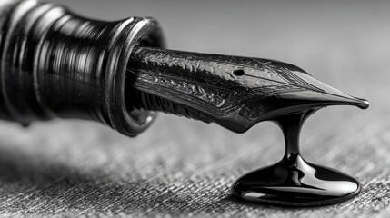 Elegant fountain pen with a single drop of ink on white paper representing the origin of creative ideas