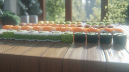 Diverse sushi rolls arranged on a wooden surface, with a blurred background of greenery