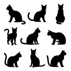 Set of cats silhouettes, Vector illustration. Large set of cat silhouettes for printing. Sticker template.