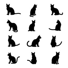 Black silhouettes of cats vector, Set of cats silhouettes, Vector illustration. Large set of cat silhouettes for printing. Sticker template.