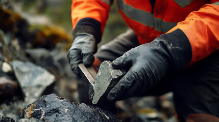 Geologist breaking rock samples for mineral composition study. Featuring scientific precision and exploration