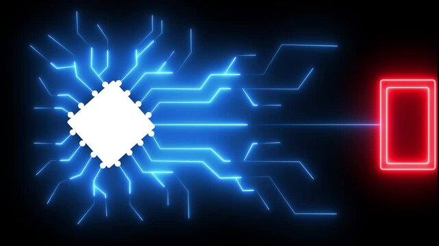Neon technology circuit board lines abstract motion design. Futuristic circuit board with moving electrons PNG Alpha .Digital Data moving on Circuit Board Animation on black background . 4k video 