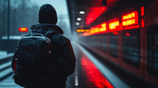 Winter Commute Man Waits on Snowy Train Platform.