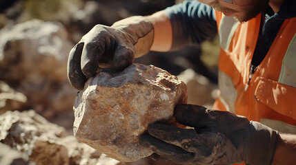 Geologist breaking rock samples for mineral composition study. Featuring scientific precision and exploration