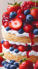 Fototapeta premium Delicious Layered Cake with Fresh Strawberries and Blueberries Topped with Berry Sauce