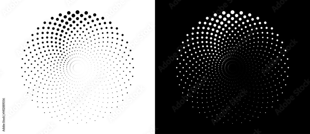 Poster Modern abstract background. Halftone dots in circle form. Round logo. Vector dotted frame. Design element or icon. Black shape on a white background and the same white shape on the black side.