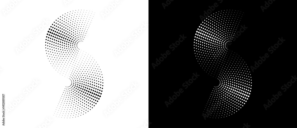 Poster spiral as halftone dotted abstract infinity symbol. black shape s letter on a white background and t