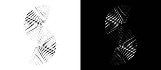 Spiral as halftone dotted abstract infinity symbol. Black shape S letter on a white background and the same white shape on the black side.
