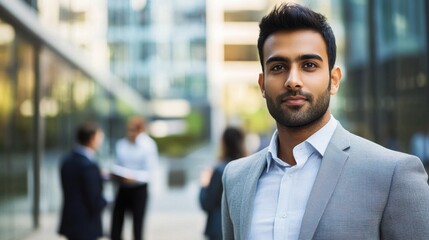 Fototapeta premium A confident young South Asian man dressed in formal attire stands in an urban setting. His serious expression and stylish look reflect professionalism and ambition.