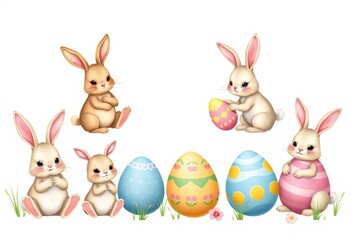 Fototapeta premium Adorable hand-drawn Easter bunnies & eggs in playful poses, perfect for spring designs, decoration, egg